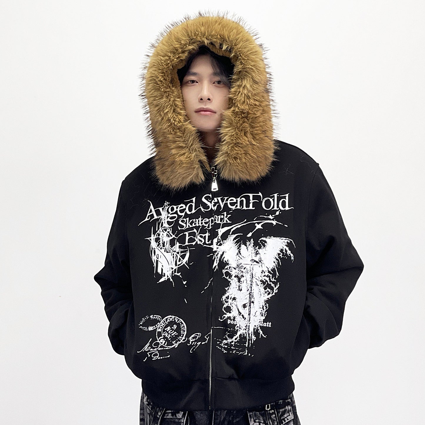 Detachable Fake Fur Collar Zipper Hooded Jacket WN24269
