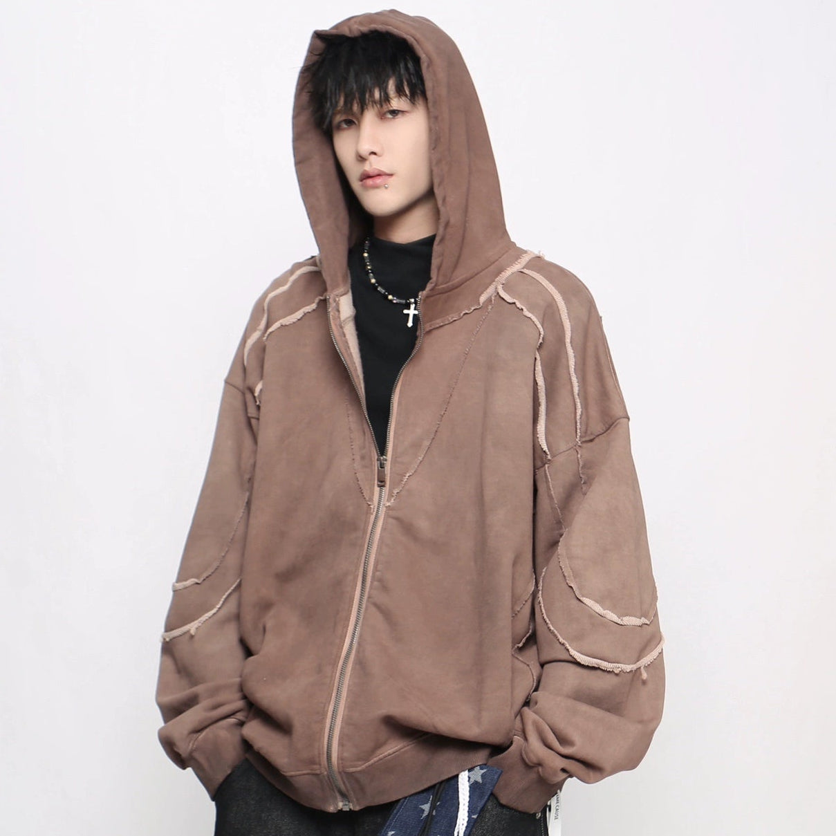 Heavyweight Cut Design Zipper Hoodie WN21038