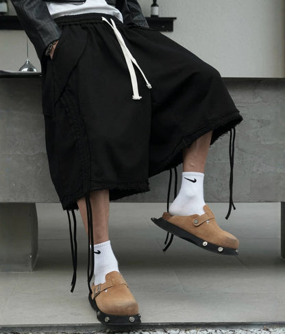 Heavyweight Washed Frayed Strap Wide Leg Half Pants WN27876