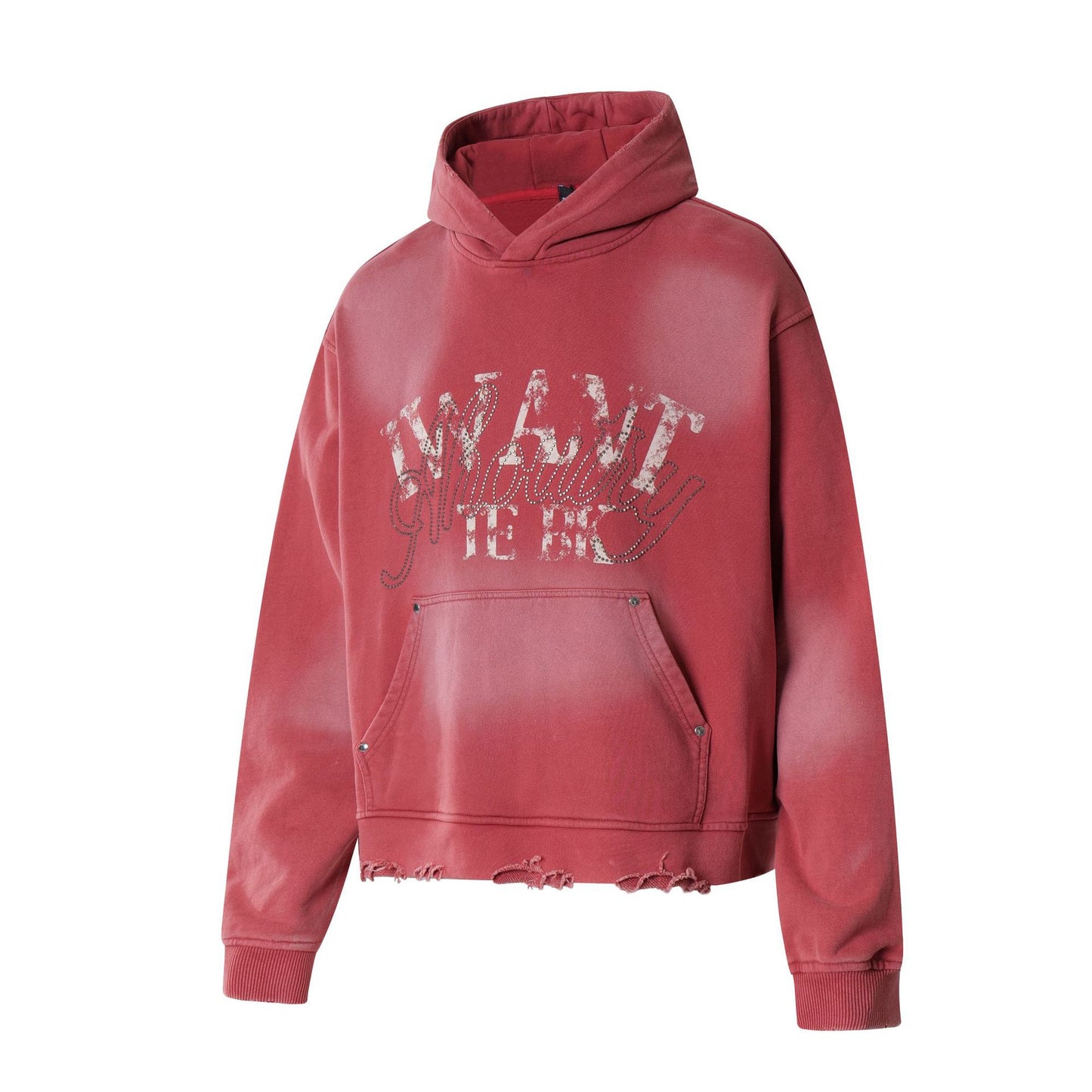 Washed Letter Rhinestone Design Damage Hoodie WN25384