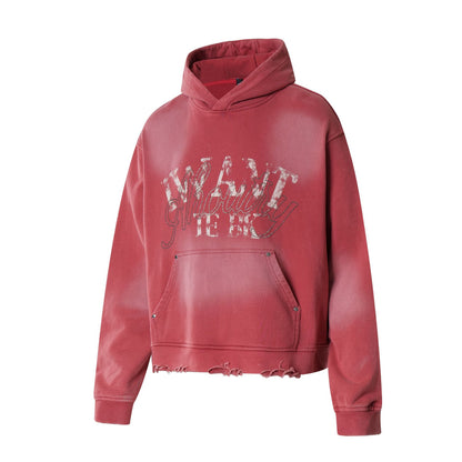 Washed Letter Rhinestone Design Damage Hoodie WN25384
