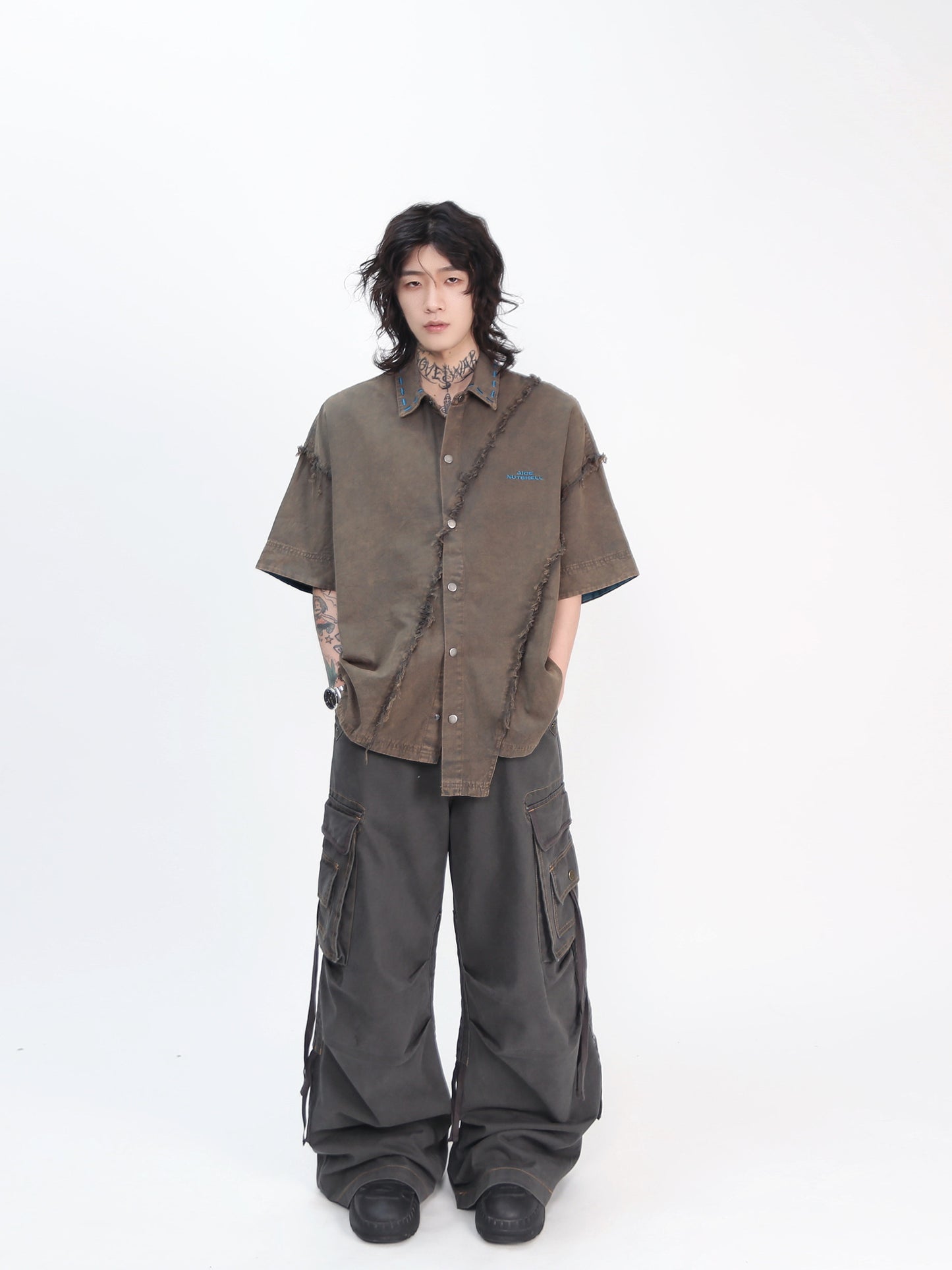Washed Patchwork Damage Oversize Short Sleeve Shirt WN24432