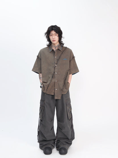 Washed Patchwork Damage Oversize Short Sleeve Shirt WN24432