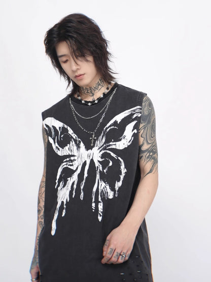 Butterfly Print Washed Oversize Sleeveless T-shirt WN6564