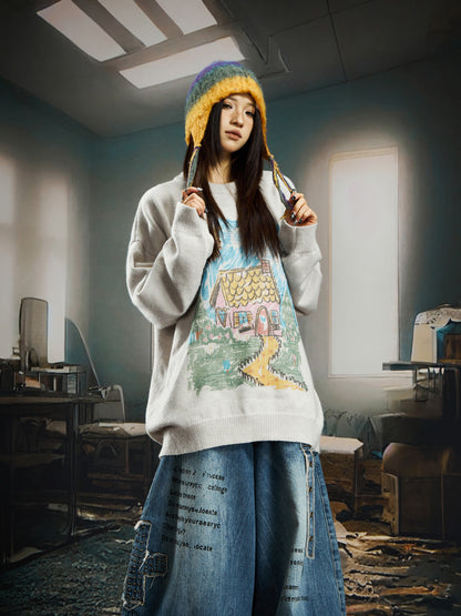 Artwork Print Thin Oversize Knit Sweater WN22749