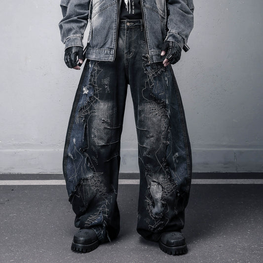 Wash Damage Embroidery Wide Leg Denim Jeans WN22359