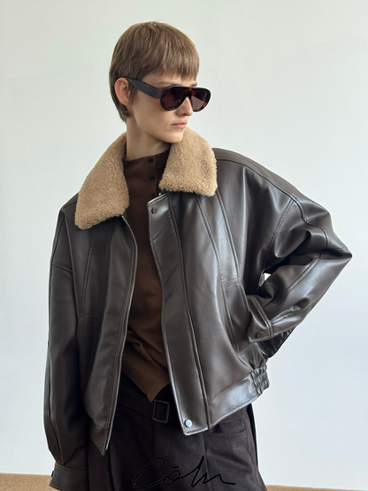 Fake Fur Collar PU Leather Puffer Jacket WN21678