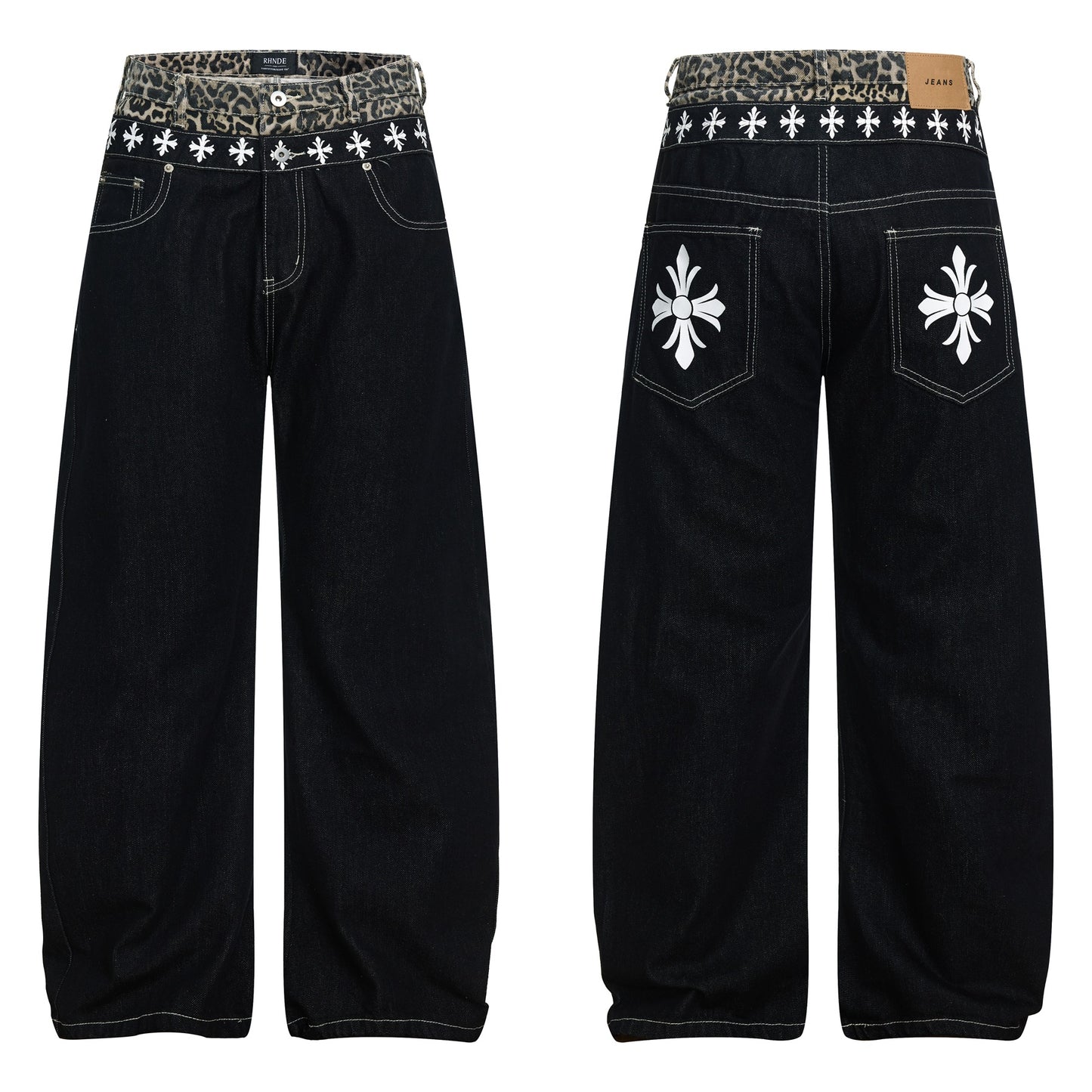 Color Block Embroidery Wide Leg Curved Denim Jeans WN25864