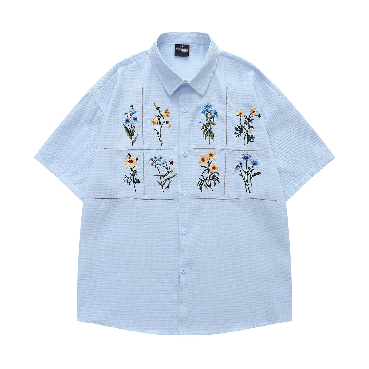 Flower Embroidery Waffle Short Sleeve Shirt WN26913