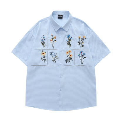 Flower Embroidery Waffle Short Sleeve Shirt WN26913