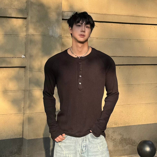 Henley Neck Ribbed Slim Long Sleeve T-Shirt WN25238
