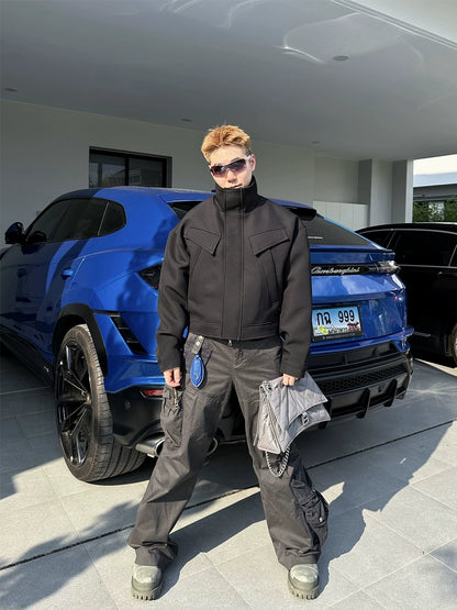 3D Cut Oversize Stand-Neck PU Leather Zipper Jacket WN17712