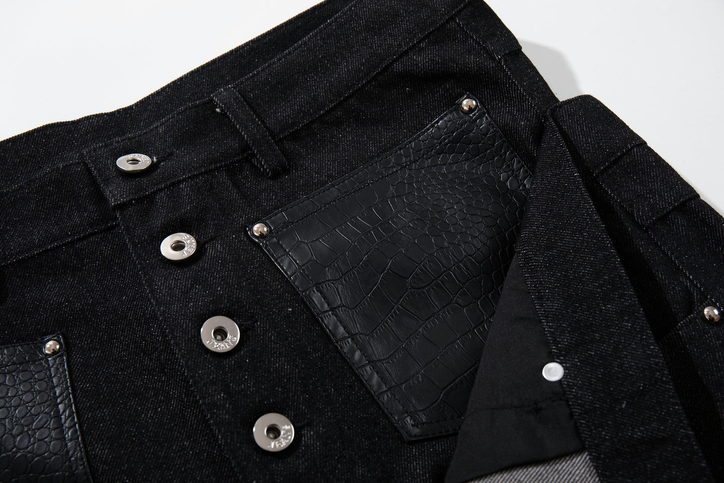 Rivet Leather Patchwork Wide Leg Denim Jeans WN23050