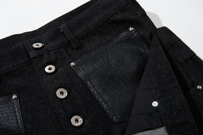 Rivet Leather Patchwork Wide Leg Denim Jeans WN23050