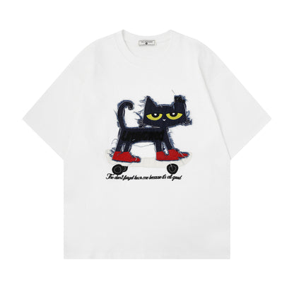 Cat Applique Embroidery Short Sleeve T-Shirt WN25665