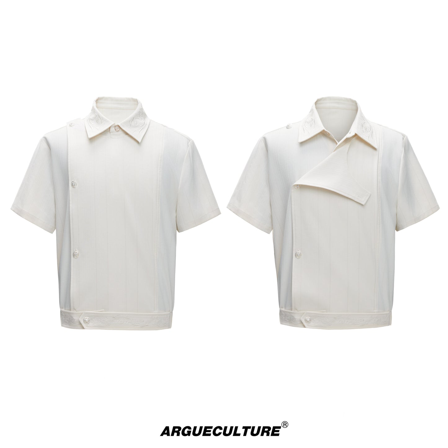 Deconstructed Stripe Embroidery Short Sleeve Shirt & Wide Leg Pants Setup WN27012