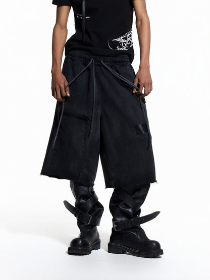 Cross Print Washed Raw-Edge Half Pants WN27433