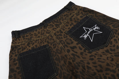 Leopard Print Curved Wide Leg Denim Jeans WN25679