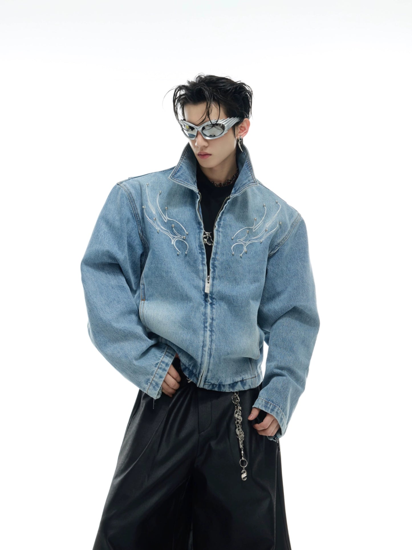 Washed Studs Spine Short Denim Zipper Jacket WN16329