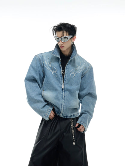 Washed Studs Spine Short Denim Zipper Jacket WN16329