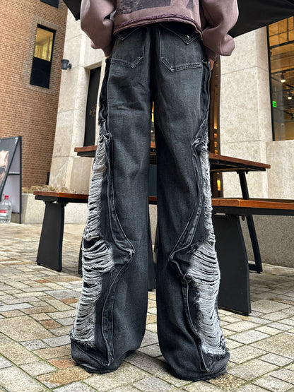 Patchwork Tassel Damage Wash Denim Jeans WN20738