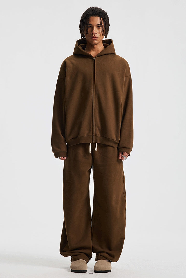 Fleece Lining Side Pocket Zipper Hoodie & Fleece Lining Wide Leg Sweatpants Setup WN23114