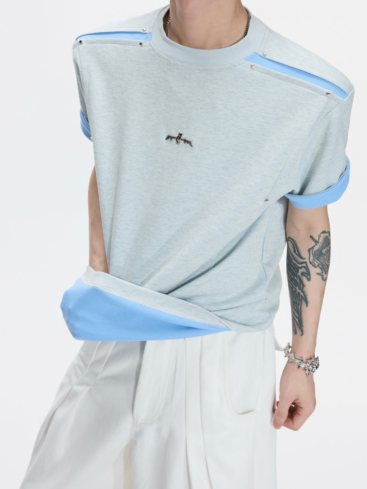 Contrast Panel Deconstructed Folded Sleeve Short Sleeve T-Shirt WN26995