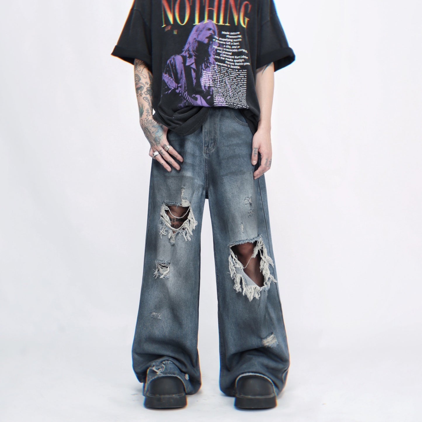 Washed Damage Wide-Leg Straight Denim Jeans WN6949