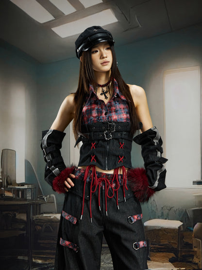 Plaid Patchwork Lace-Up Fake Fur Denim Sleeveless Shirt & Pants Setup WN22730