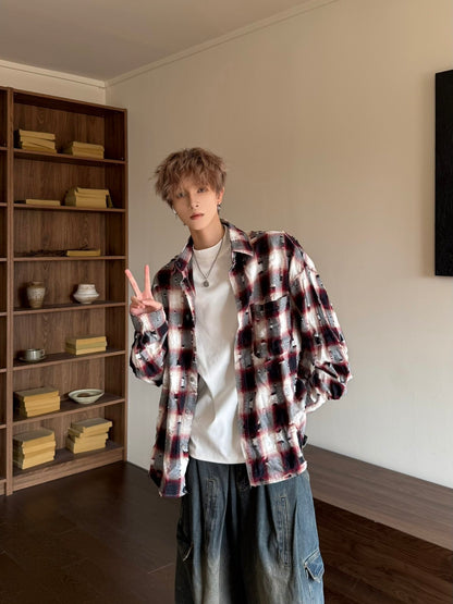 Damage Plaid Oversize Button-Front Long Sleeve Shirt WN23197