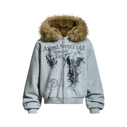 Detachable Fake Fur Collar Zipper Hooded Jacket WN24269