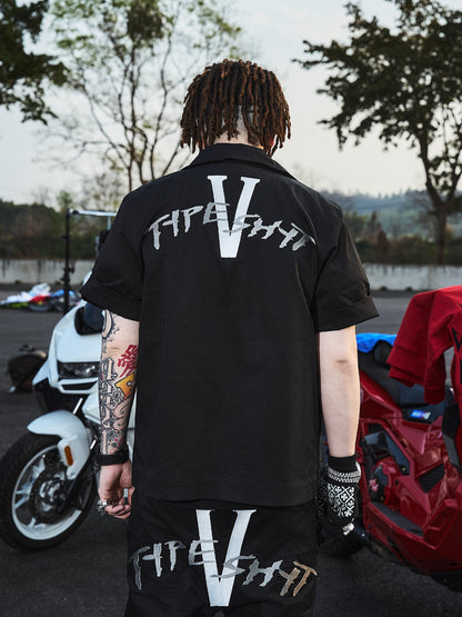 Embroidery Logo Short Sleeve Zipper Jacket & Straight Pants Setup WN21015