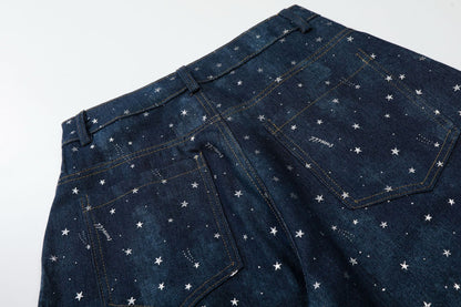 Star Print Curved Wide Leg Denim Jeans WN25696
