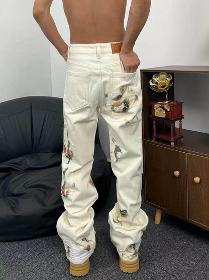 Flame Lace Straight Wide Leg Denim Jeans WN24104