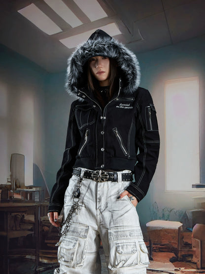 Embroidery Detachable Fur-Collar Denim Jacket WN21352