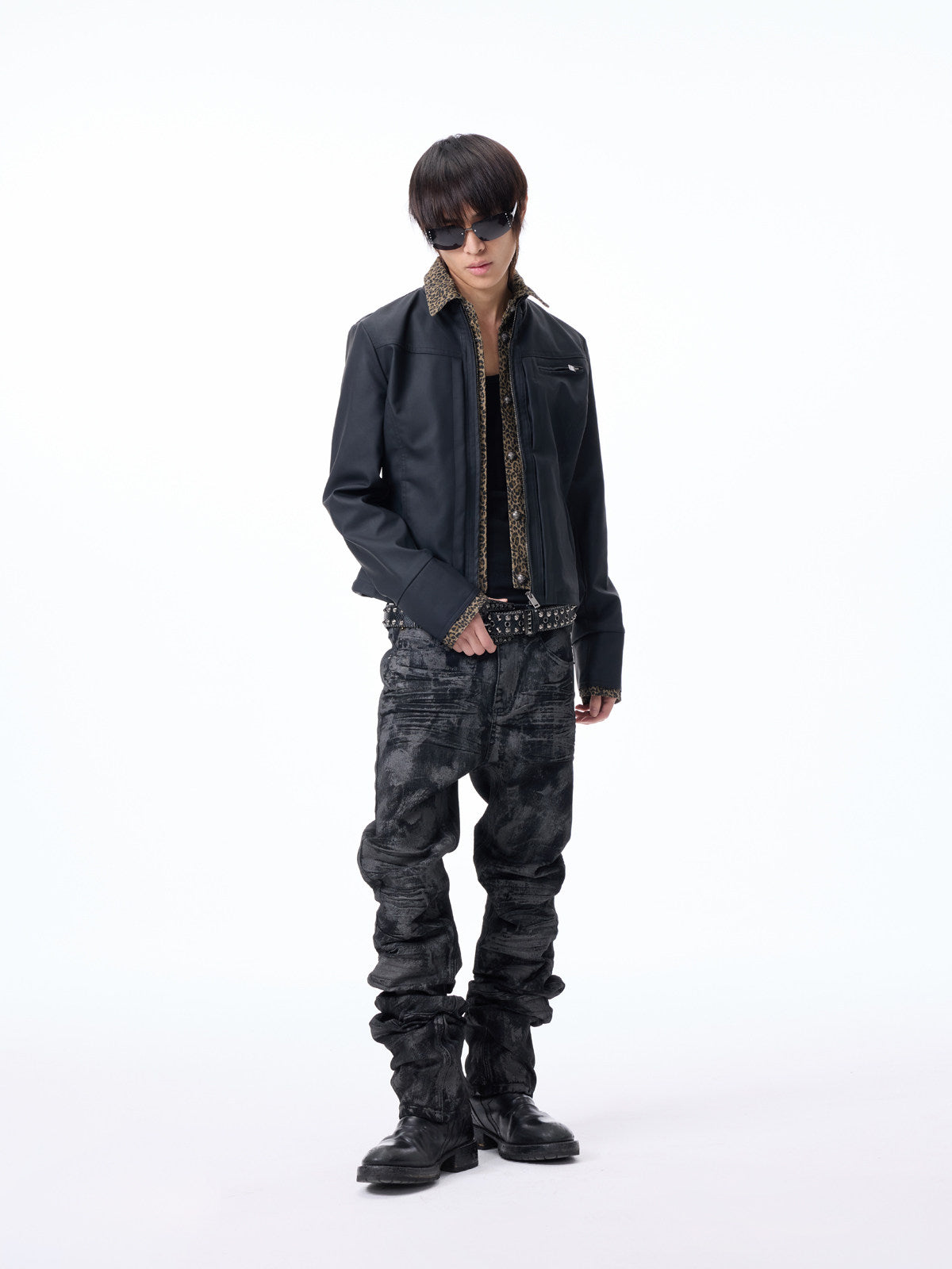Double Placket Leopard Panel Short PU Leather Jacket WN27299