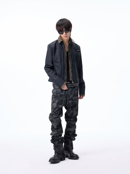 Double Placket Leopard Panel Short PU Leather Jacket WN27299
