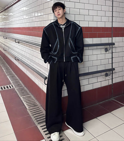 Standing-Collar Contrast Shoulder-pad Jacket & Sporty Wide Leg Sweatpants Setup WN25258