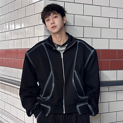 Standing-Collar Contrast Shoulder-pad Jacket & Sporty Wide Leg Sweatpants Setup WN25258