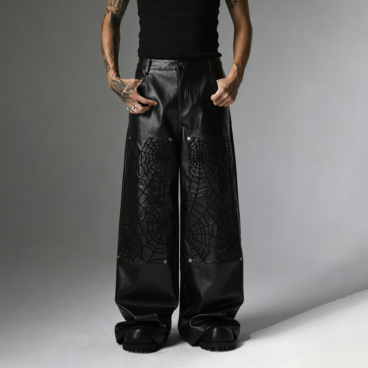 PU Leather Embroidery Wide Leg Pants WN23060