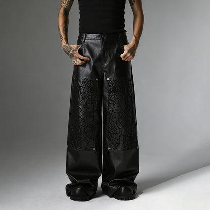 PU Leather Embroidery Wide Leg Pants WN23060