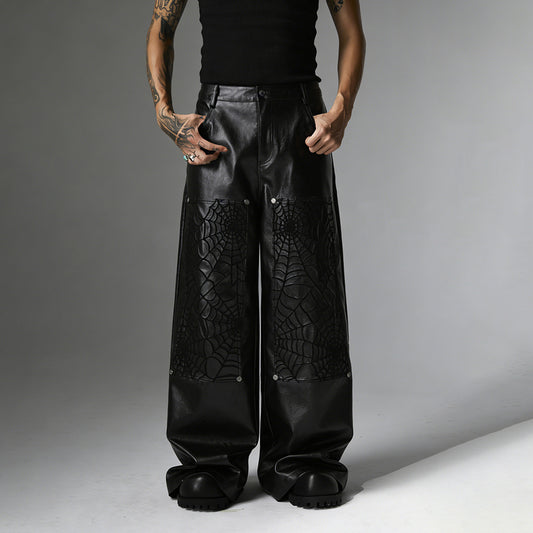 PU Leather Embroidery Wide Leg Pants WN23060