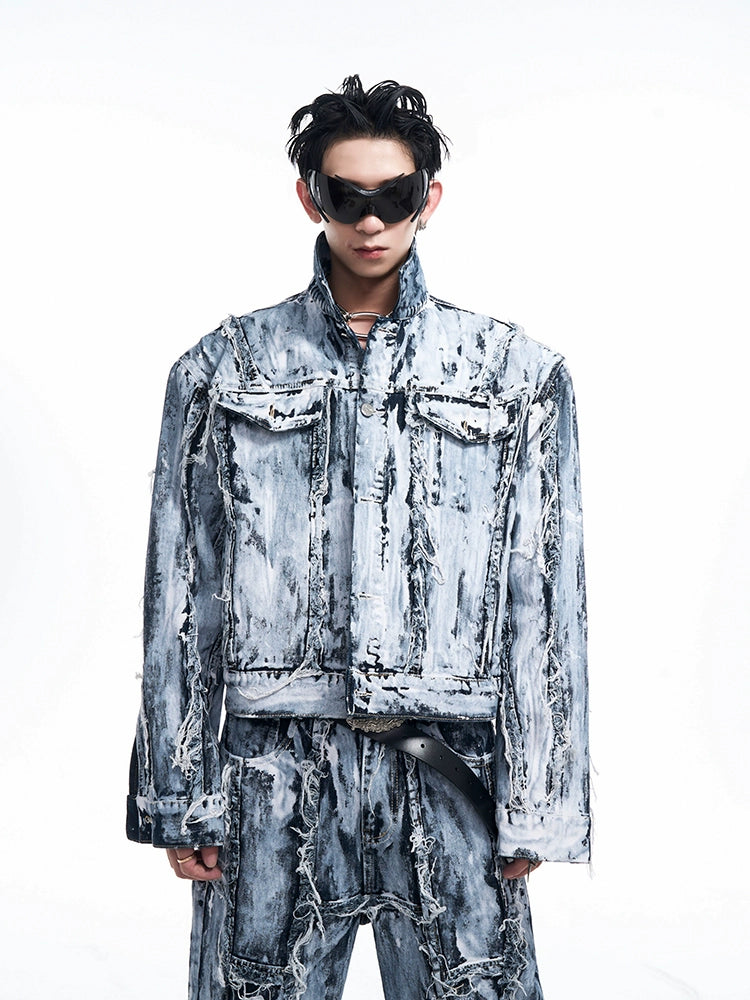 Heavy-Duty Coated Damage Denim Jacket & Micro Flare Denim Jeans Setup WN10180