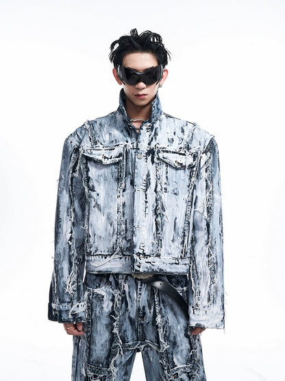 Heavy-Duty Coated Damage Denim Jacket & Micro Flare Denim Jeans Setup WN10180