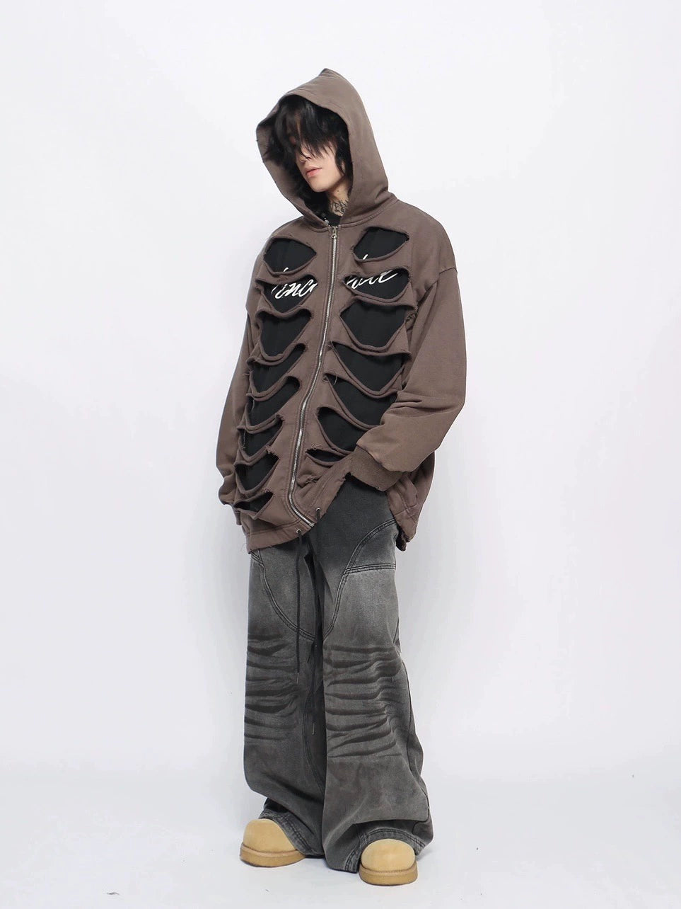 Hollow-Out Damage Design Zipper Hoodie WN10954