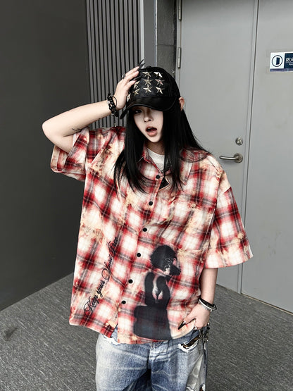 Plaid Damage Print Short Sleeve Shirt  WN24190