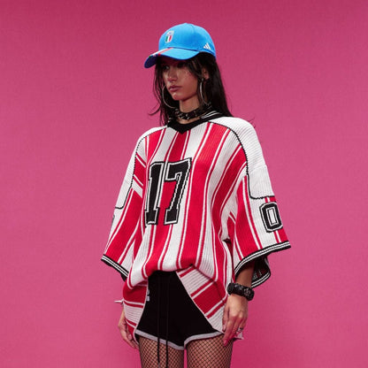 Number Stripe V-Neck Short Sleeve Knit T-shirt WN25630