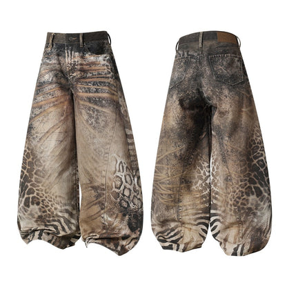 Leopard Print Patchwork Wide Leg Denim Jeans WN27839