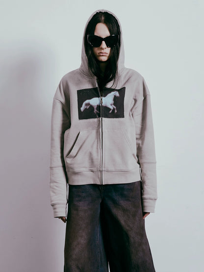 Horse Print Spray-Dye Zipper Hoodie WN19035