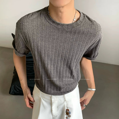 Vertical Stripe Knit Short Sleeve T-Shirt WN20085